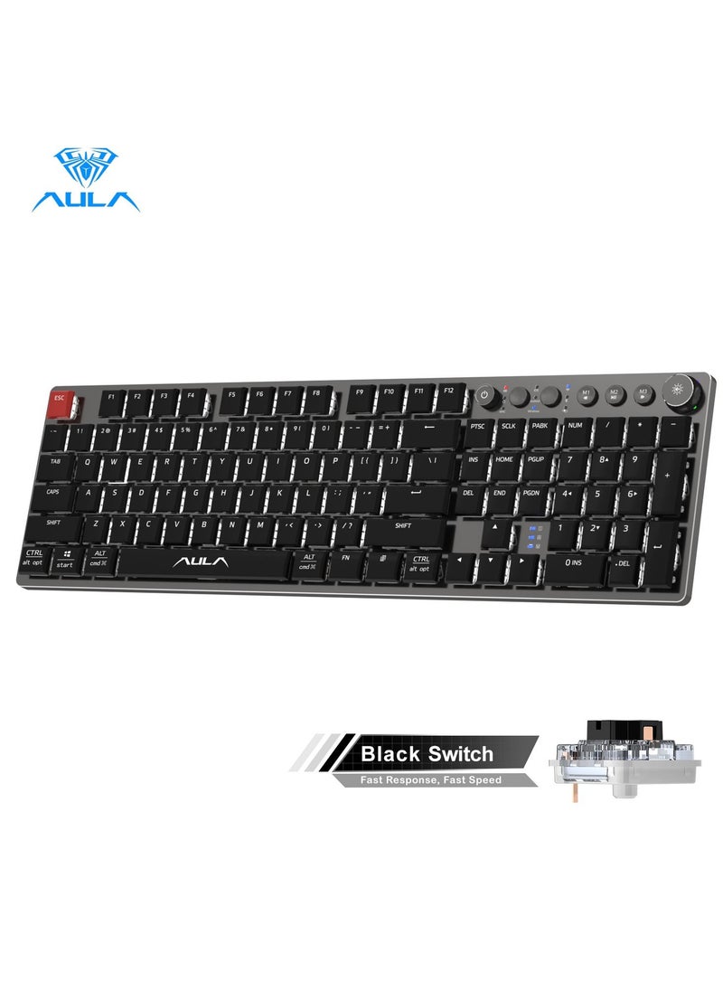 AULA - Black Switch Low Profile Mechanical Keyboard with Ice Blue Backlight Media Control 104-Key Slim Keycaps Tri-Mode Wireless/Bluetooth/ USB Type-C Wired PC Gaming Keyboard for Mac Windows iOS Android - Image 1
