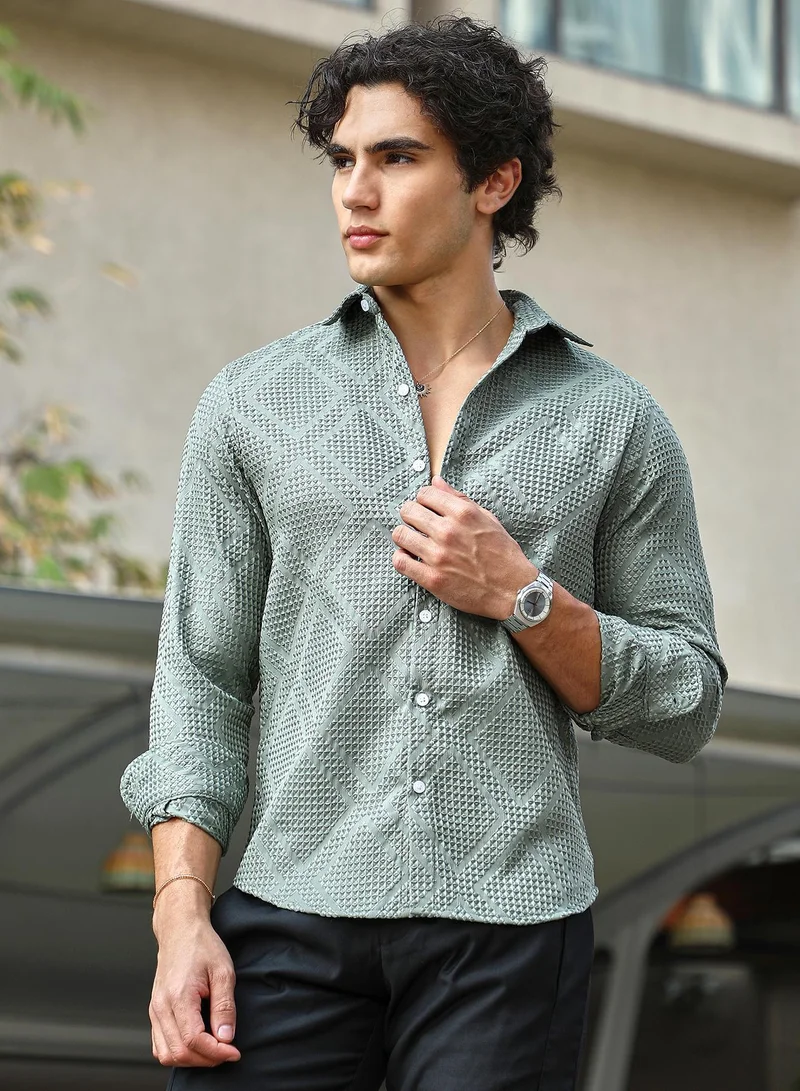 Campus Sutra Men's Sage Green Shard-Tactile Shirt