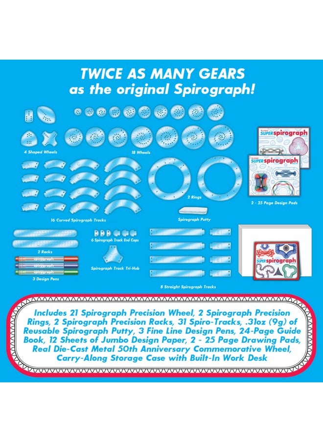 Spirograph Spirograph Super 50th Anniversary Set -Arts and Crafts, Kids Toys, Art Supplies, Craft Supplies, Drawing Kit, Spiral Art, Classic Gear Design Kit, Case, Pens, Design Sheet Included, Ages 8+  - Image 2