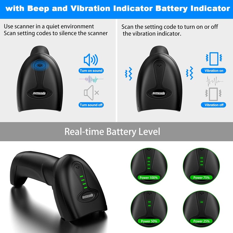 symcode Bluetooth Wireless Barcode Scanner with Auto-Sensing Stand,Putting on Stand to Scan Automatically Sense Scanning 2D QR Bluetooth Barcode Scanner with Battery Level Indicator More-to-one Mode - Image 4