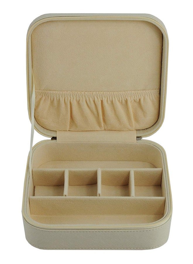 TIMELYBUYS Beige Saffiano 3 Compartment Sunglass Case Jewelry Box Travel Storage Organizer with Pocket Holds Glasses, Rings, Earrings, Necklaces, and Accessories - Image 1