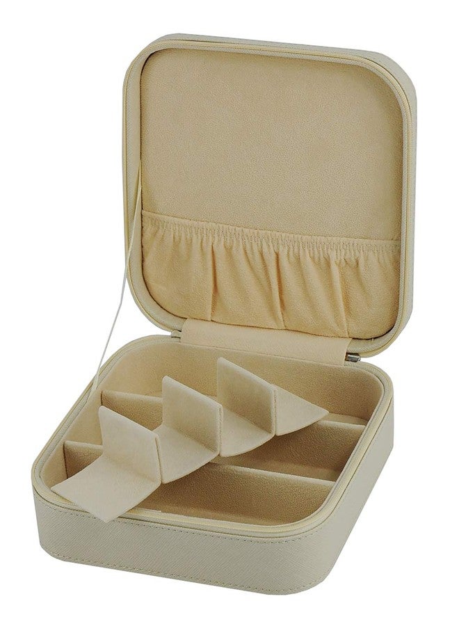 TIMELYBUYS Beige Saffiano 3 Compartment Sunglass Case Jewelry Box Travel Storage Organizer with Pocket Holds Glasses, Rings, Earrings, Necklaces, and Accessories - Image 3