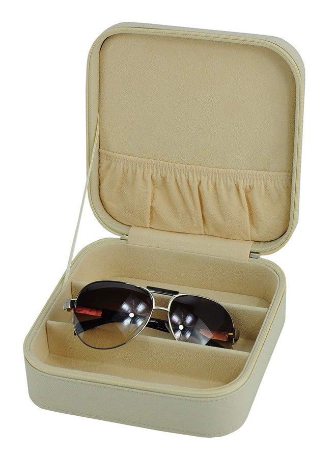TIMELYBUYS Beige Saffiano 3 Compartment Sunglass Case Jewelry Box Travel Storage Organizer with Pocket Holds Glasses, Rings, Earrings, Necklaces, and Accessories - Image 2