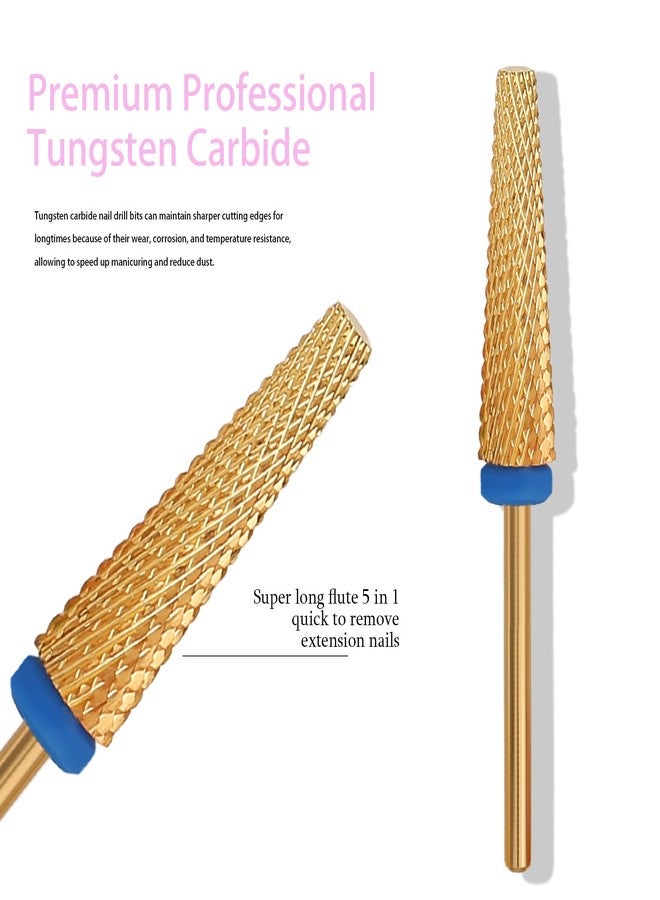 ERUIKA Super Long 5 in 1 Nail Drill Bits, Professional 3/32'' Carbide Tungsten Two Way Rotary Nail Cleaner Nail Bits, Suitable for Manicure Pedicure Cuticle Gel Polishing Acrylic Nails(Gold, Medium-M) - Image 3