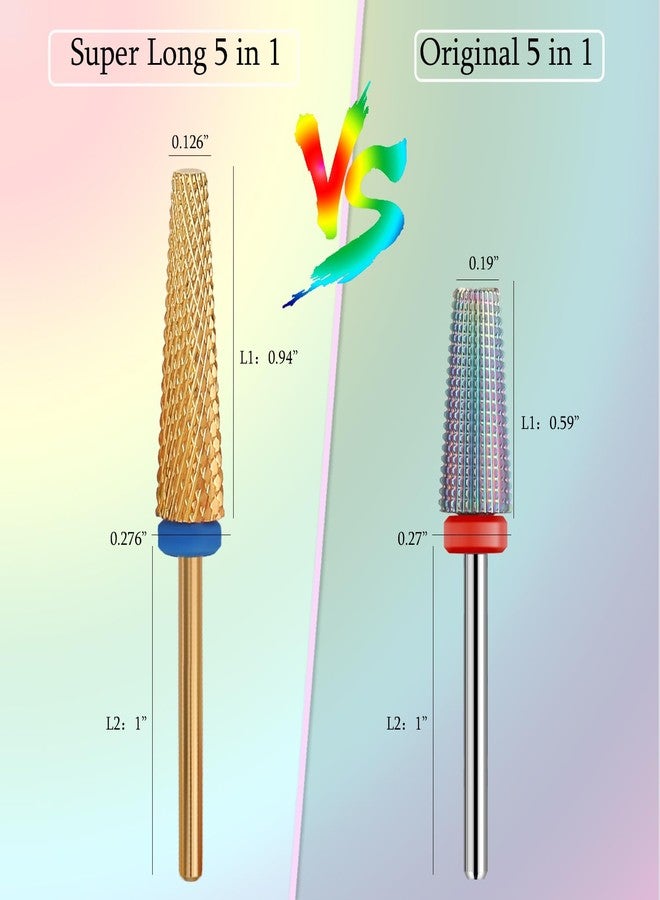 ERUIKA Super Long 5 in 1 Nail Drill Bits, Professional 3/32'' Carbide Tungsten Two Way Rotary Nail Cleaner Nail Bits, Suitable for Manicure Pedicure Cuticle Gel Polishing Acrylic Nails(Gold, Medium-M) - Image 4