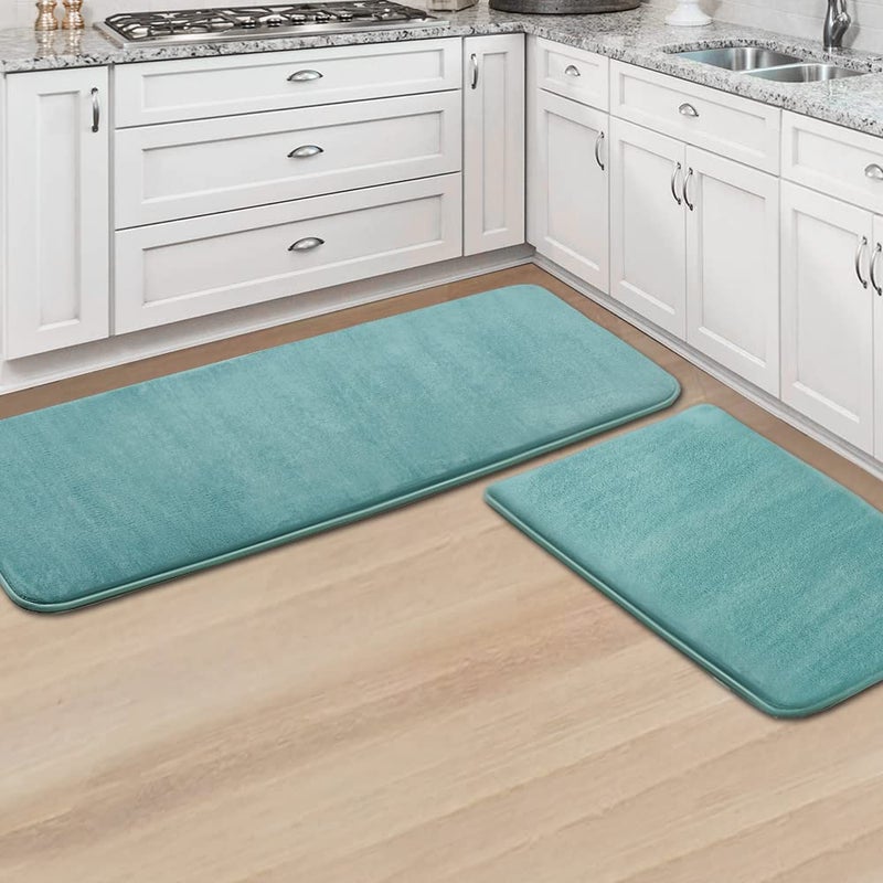HVERSAILTEX Kitchen Mat 2 PCS Non Slip Memory Foam Flannel Velvety Kitchen Runner Rug Set for Floor Standing Rugs 47 x 17  24 x 17 Eggshell Blue