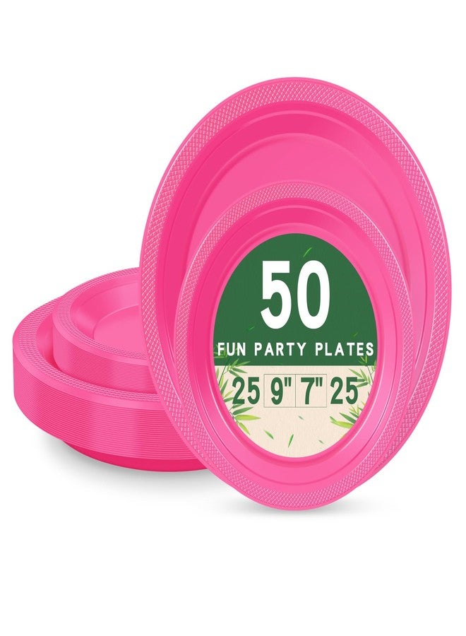 LANLISA 50 Hot Pink Plastic Plates For Party, Includes 25-9" & 25-7" Cake Dessert Plastic Dinner Plates Disposable For Party Supplies - Image 1