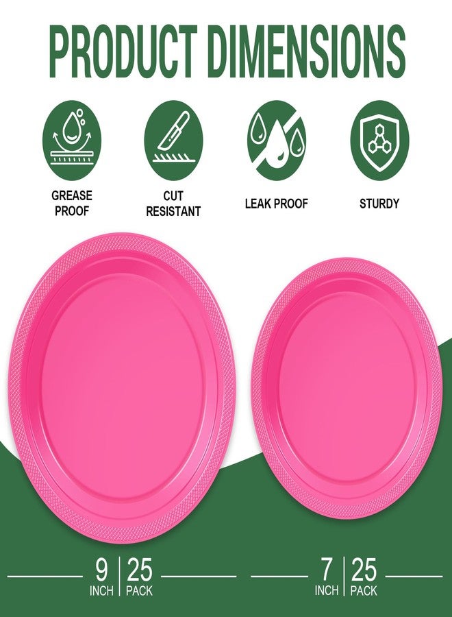LANLISA 50 Hot Pink Plastic Plates For Party, Includes 25-9" & 25-7" Cake Dessert Plastic Dinner Plates Disposable For Party Supplies - Image 2