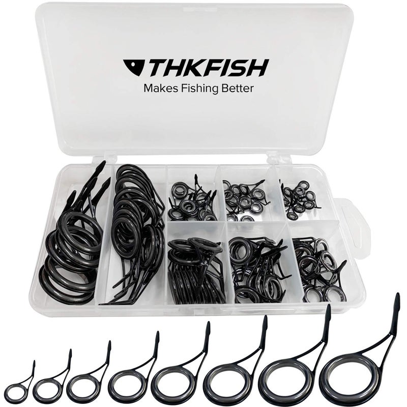 THKFISH Fishing Rod Repair Kit - Spinning Rod Guides Ceramics & Stainless Steel Carbon Guides - 8 Sizes, Black, 75pcs