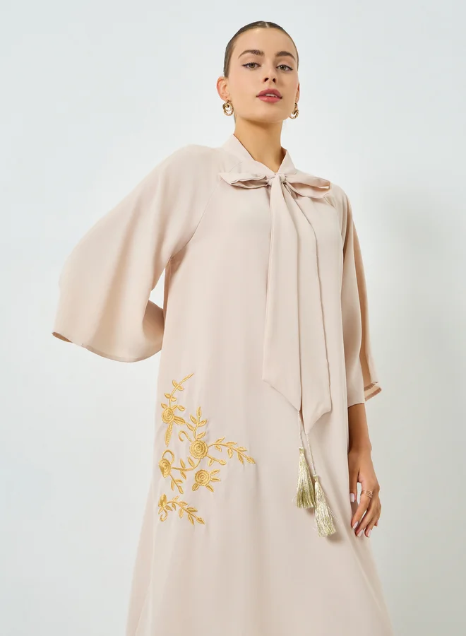 Take Two Beige Embroidered Tie Neck A-Line Jalabiya