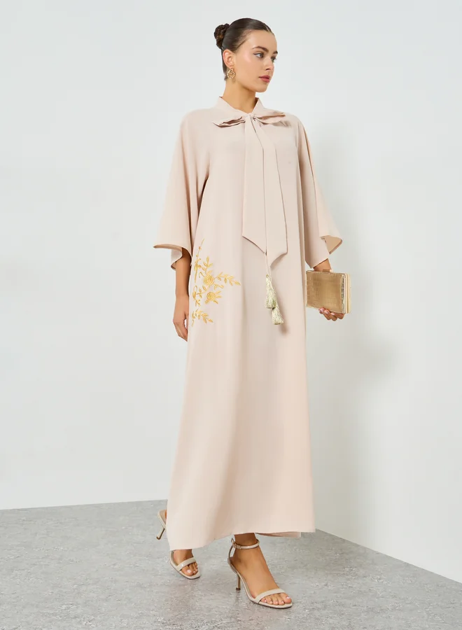 Take Two Beige Embroidered Tie Neck A-Line Jalabiya
