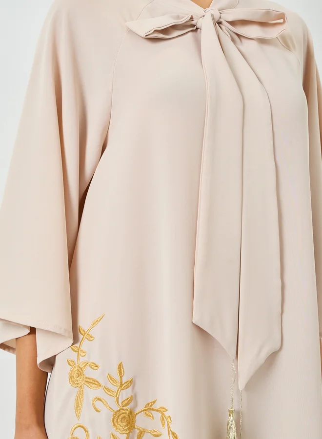Take Two  Beige Embroidered Tie Neck A-Line Jalabiya for Women | Best Price UAE