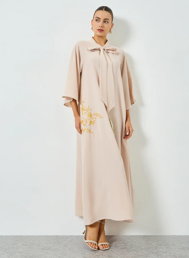 Take Two  Beige Embroidered Tie Neck A-Line Jalabiya for Women | Best Price UAE