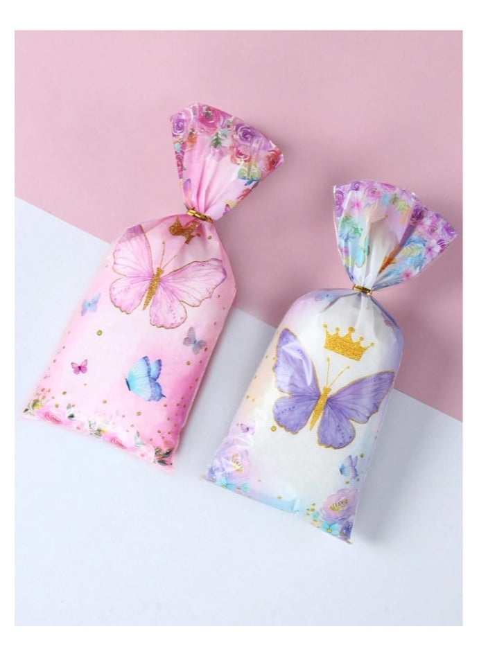 Generic Pink and purple butterfly themed plastic candy and gift bags for girls' birthday parties and baby showers 25 pieces with gold ribbons  - Image 5