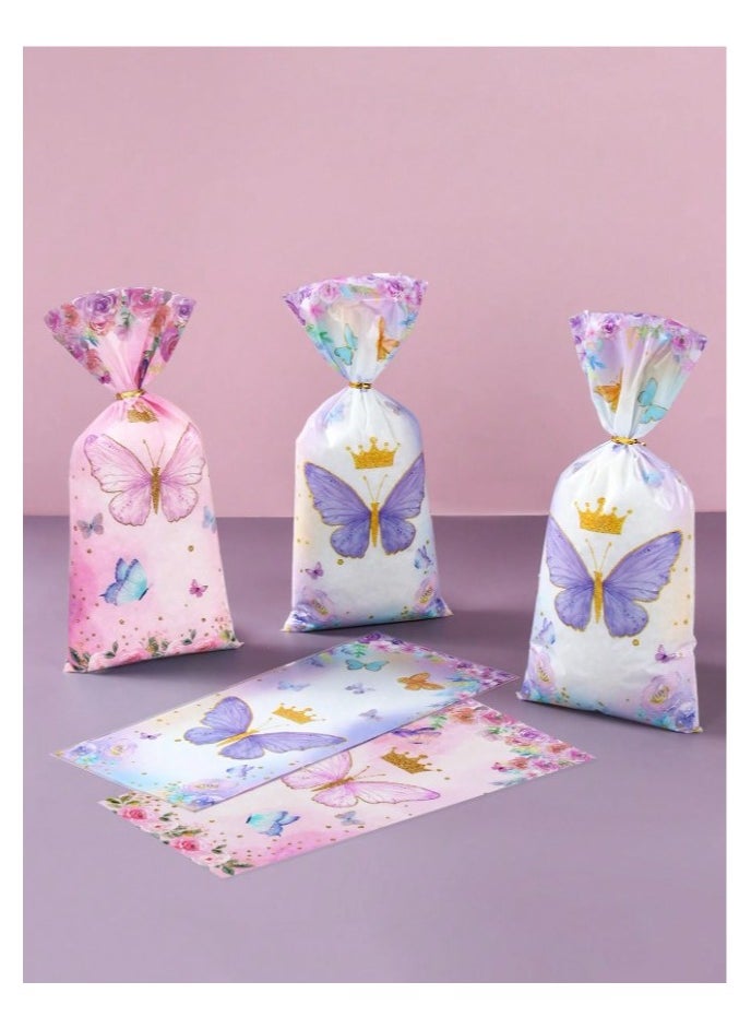 Generic Pink and purple butterfly themed plastic candy and gift bags for girls' birthday parties and baby showers 25 pieces with gold ribbons  - Image 4
