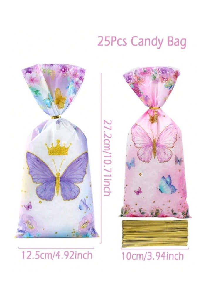 Generic Pink and purple butterfly themed plastic candy and gift bags for girls' birthday parties and baby showers 25 pieces with gold ribbons  - Image 3