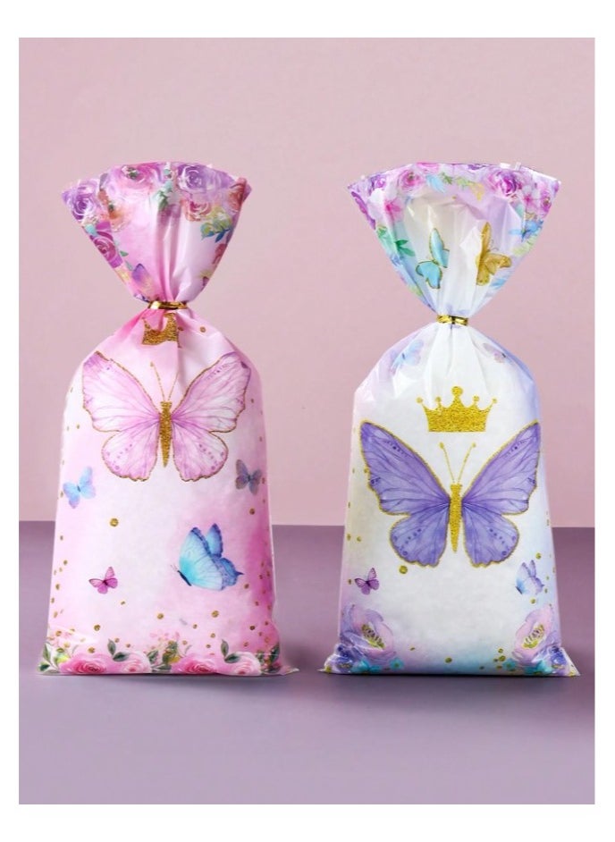 Generic Pink and purple butterfly themed plastic candy and gift bags for girls' birthday parties and baby showers 25 pieces with gold ribbons  - Image 1