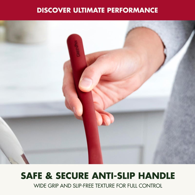 Greenpan مغرفة سمك سيليكون من جرين بان  أداة مطبخ مثقوبة  أدوات طهي مرنة من المطاط غير اللاصق  نواة فولاذية صلبة  مقاومة للحرارة  مقبض مضاد للانزلاق  خالية من BPA  آمنة في غسالة الصحون  حمراء - Image 2