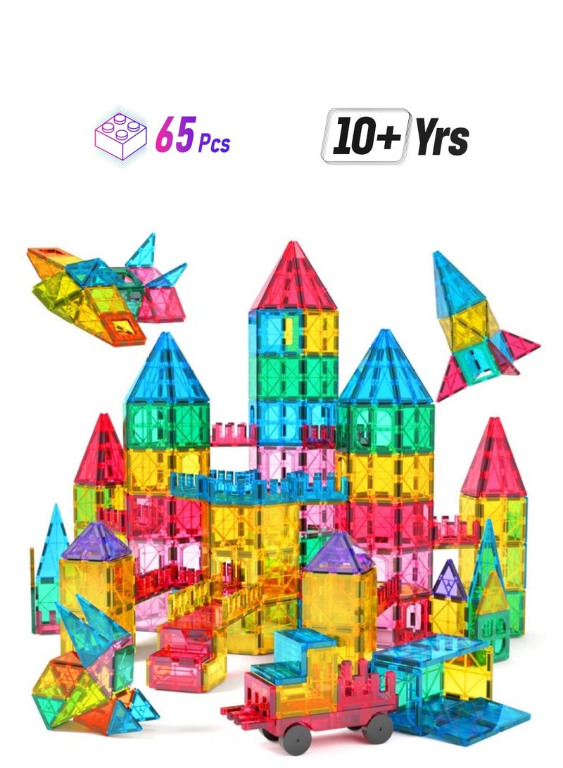 Jasonwell 65Pcs Magnetic Tiles Building Blocks Set For Boys Girls Preschool Educational Magna Construction Kit Stacking Stem Toys Birthday Gifts For Kids Toddlers 3 4 5 6 7 8 9 10 + Year Old  - Image 1