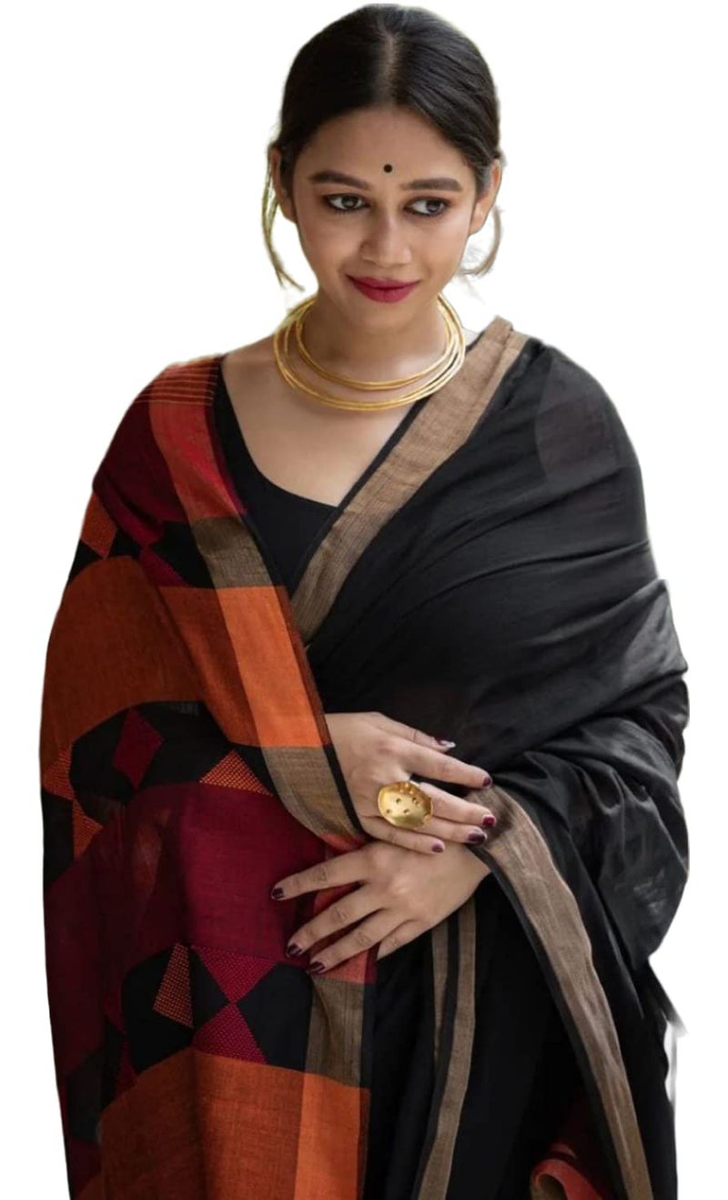 RADHA LAKSHMI ساري رادها لاكشمي النسائي من قطن الحرير الناعم كنجيفارام مع قطعة بلوزة (أسود قوس قزح) - Image 1