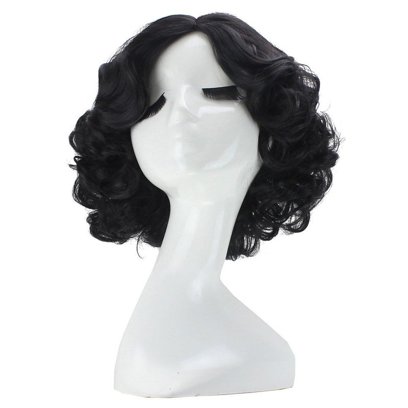 ANOGOL Hair CapShort Black Curly Wigs with Middle Part for Women Synthetic Wig Princess Cosplay Wig for Halloween Party Christmas Costume Wig