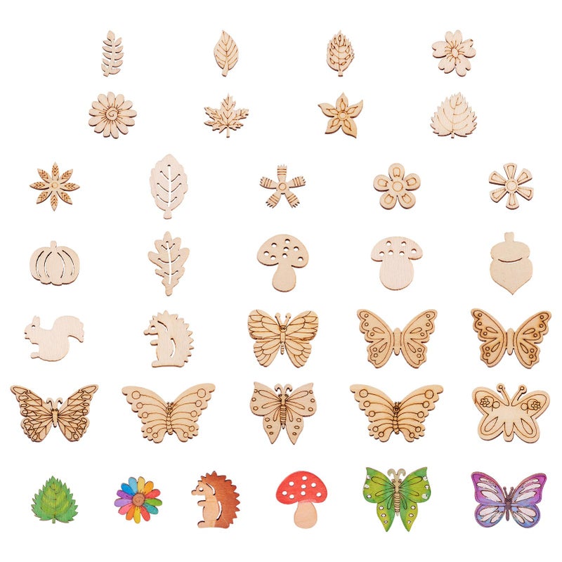 Elecrelive 300pcs Assorted Unfinished Wooden Cutouts Flower Leaf Butterfly Small Blank Wood Slice Pieces Ornaments Hanging Embellishments for DIY Art Crafts Projects Decoration