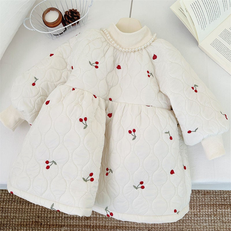 New 2024 Girls Korean Style fleece-lined dress Winter fleece-lined Girl Baby Quilted Chanel Style Princess Dress Coat Apricot