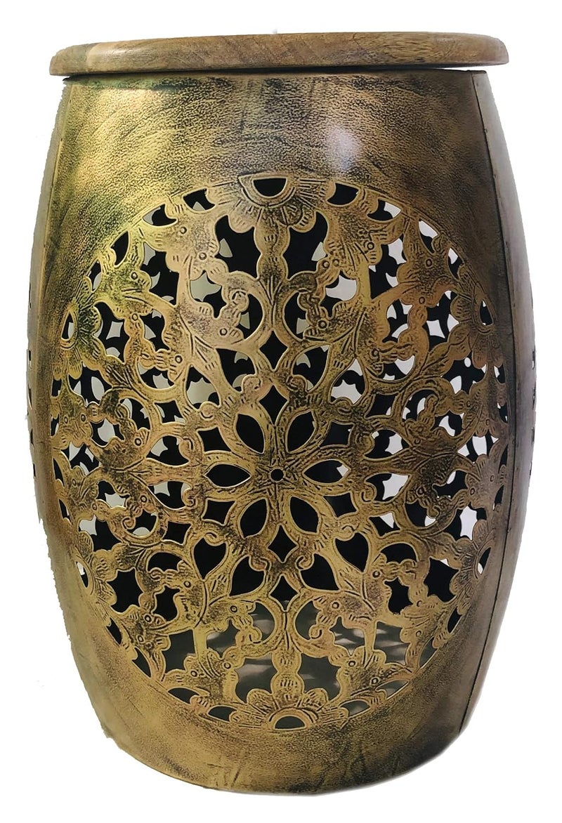 pranjals house pranjals house Beautiful Metal TLight Sitting Stool Wooden Brass Beautiful Side TableCoffee TableCorner TableOutdoor TableLiving Room Furniture Floral Design Home DecorOffice DecorationMudda - Image 1