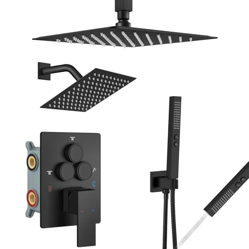 Aolemi Shower Faucet Set Ceiling Mount Shower System Roughin Valve and Shower Trim Kit 2 in 1 Handheld Spray Push Button Diverter 10 and 6 Inch Dual Shower Head Matte Black - Image 1
