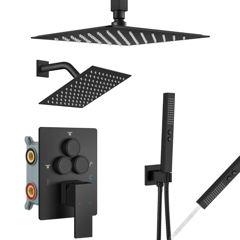 Aolemi Shower Faucet Set Ceiling Mount Shower System Roughin Valve and Shower Trim Kit 2 in 1 Handheld Spray Push Button Diverter 10 and 6 Inch Dual Shower Head Matte Black - Image 2