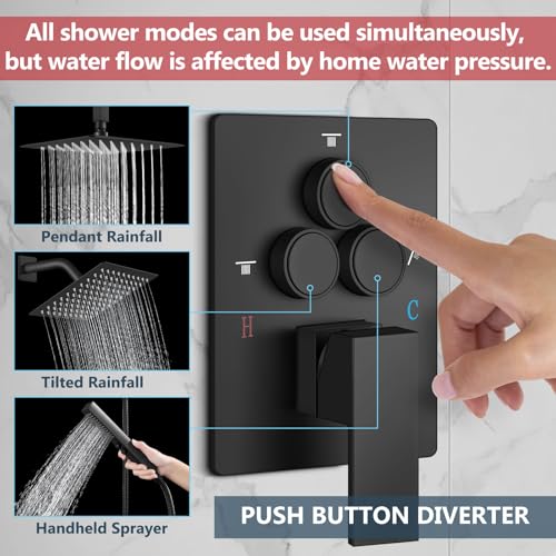 Aolemi Shower Faucet Set Ceiling Mount Shower System Roughin Valve and Shower Trim Kit 2 in 1 Handheld Spray Push Button Diverter 10 and 6 Inch Dual Shower Head Matte Black - Image 3