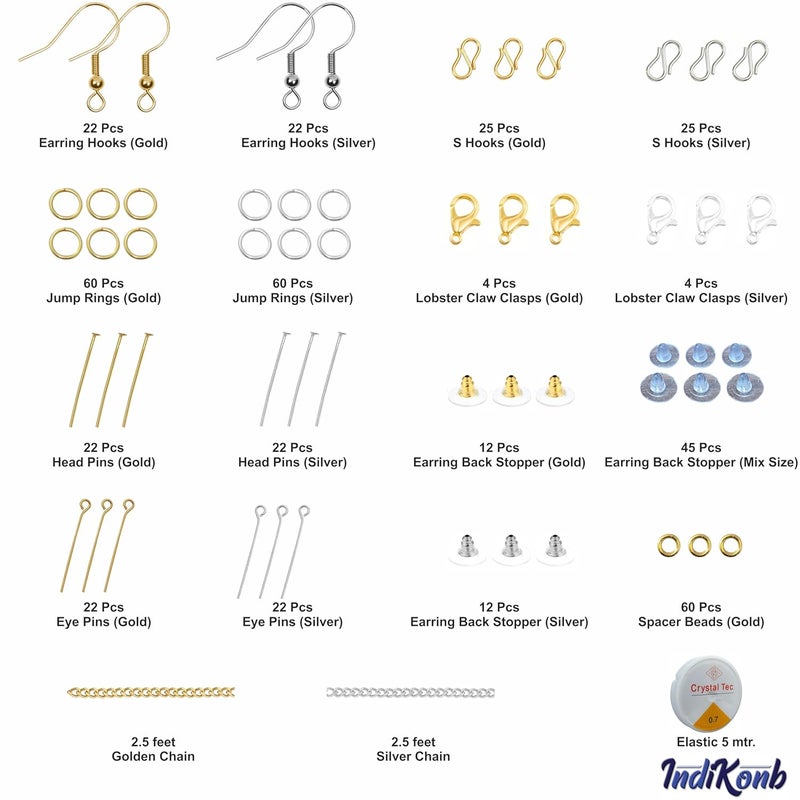 INDIKONB طقم صنع المجوهرات - مكونات معدنية ذهبية وفضية للحرف اليدوية - مستلزمات الخرز للقلائد والأساور والأقراط (مكونات + أدوات) - Image 2