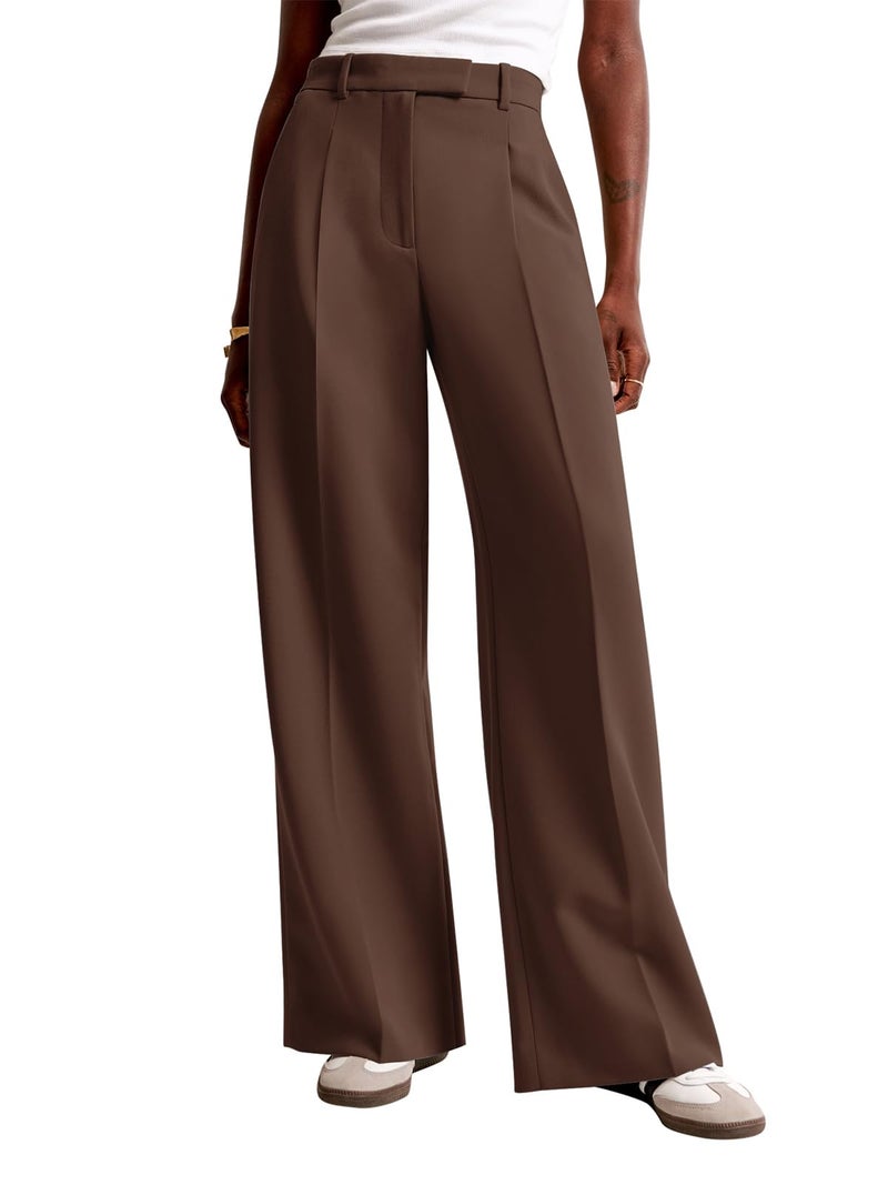 NIMIN Women Wide Leg Pants High Waisted Dressy Work Trousers Business Casual Tailored Pants with Pockets Dark Brown - Image 1