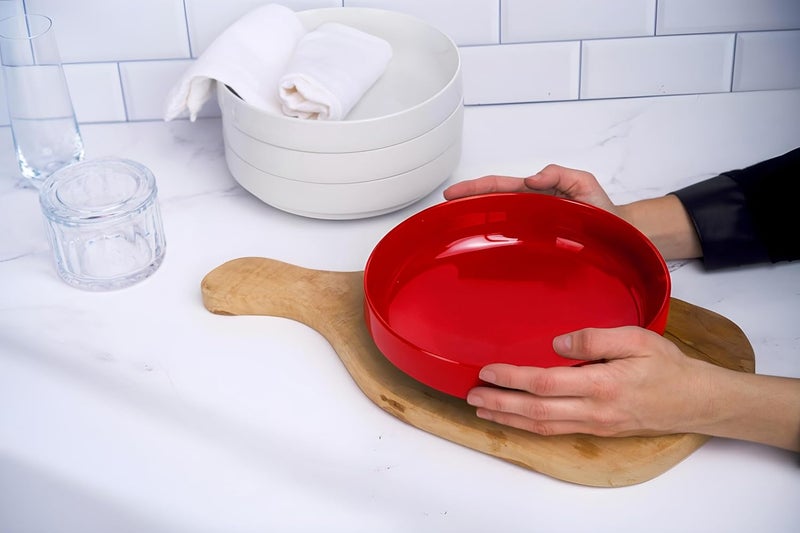 Kook أطباق باستا كبيرة من السيراميك، آمنة للاستخدام في الميكروويف وغسالة الصحون، رائعة للحساء والسلطات، أطباق تقديم ضحلة، بورسلين لامع، 47 أونصة، مجموعة من 4، أحمر الكرز - Image 3