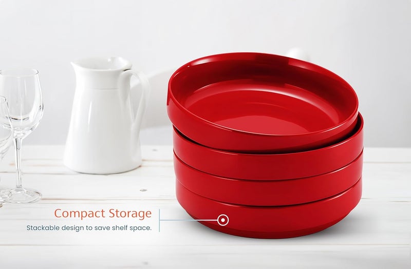 Kook أطباق باستا كبيرة من السيراميك، آمنة للاستخدام في الميكروويف وغسالة الصحون، رائعة للحساء والسلطات، أطباق تقديم ضحلة، بورسلين لامع، 47 أونصة، مجموعة من 4، أحمر الكرز - Image 5