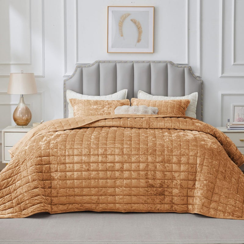 BEDELITE Velvet Quilt Set King Size - Luxury Velvet Comforter Bedding Set 3 Pieces, Lightweight Soft Cozy Shiny Rusty Burnt Orange Oversized Bedspread Coverlet for All Seasons with 2 Pillow Shams - Image 2