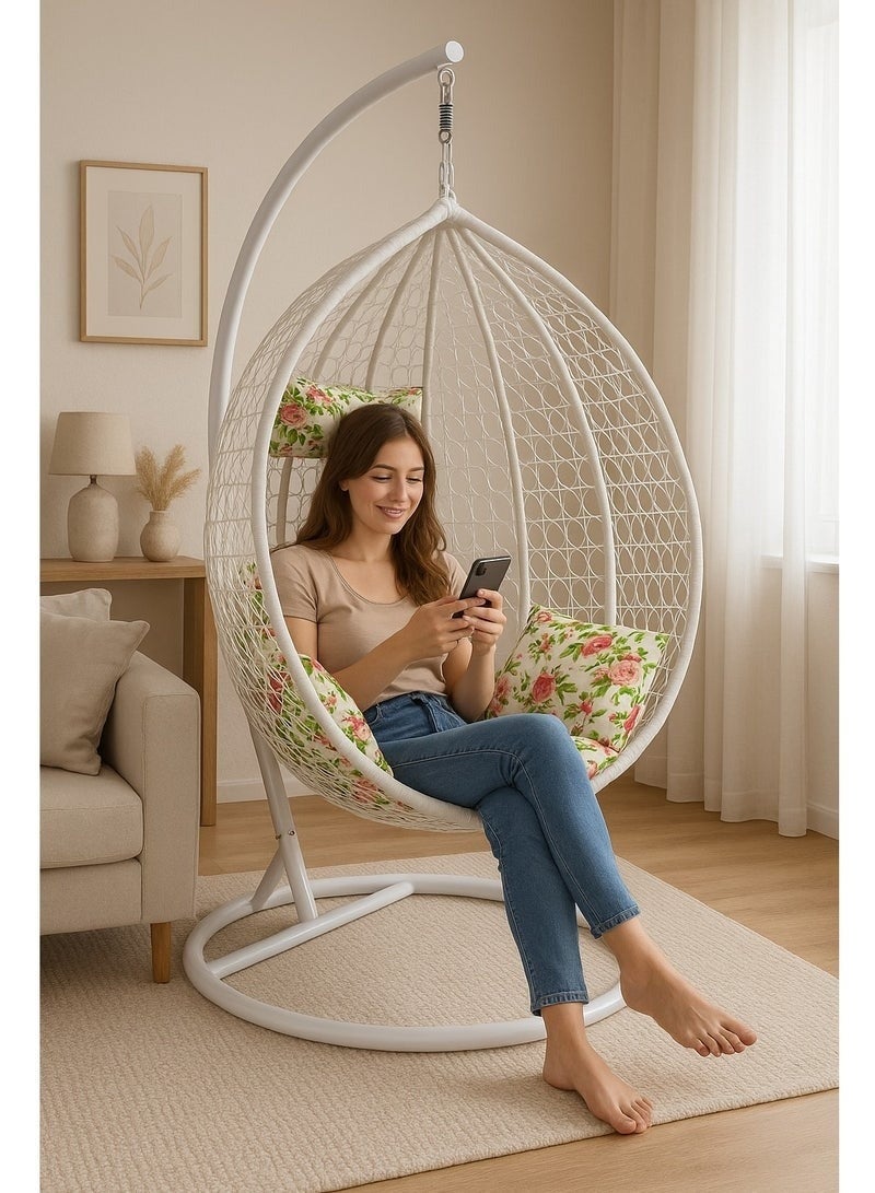 الزخارف للمفروشات كرسي الزخارف البيضاوي الأبيض المعلق مع حامل - كرسي أرجوحة داخلي للاسترخاء مع وسائد ناعمة ووسادة عشوائية مجانية - إطار معدني قوي لغرفة المعيشة والشرفة - Image 1