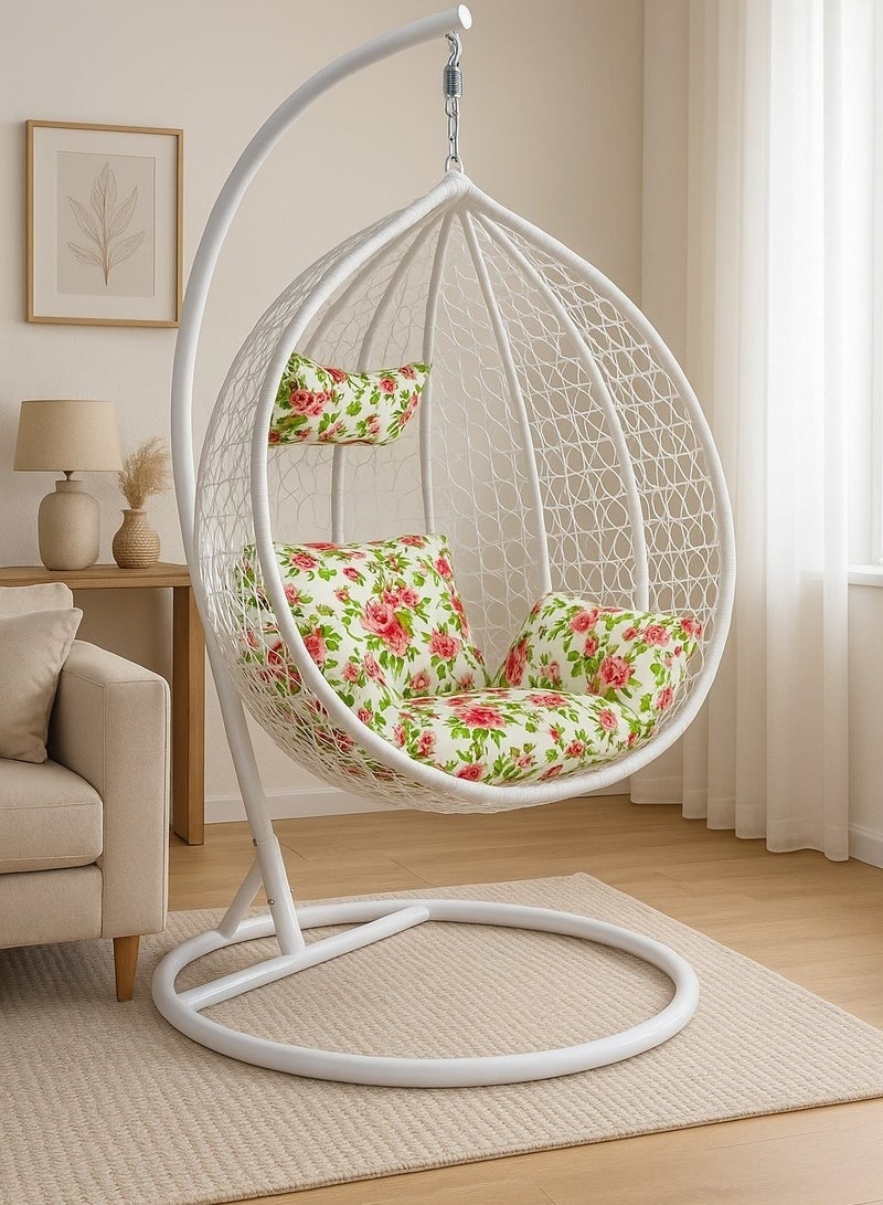 الزخارف للمفروشات كرسي الزخارف البيضاوي الأبيض المعلق مع حامل - كرسي أرجوحة داخلي للاسترخاء مع وسائد ناعمة ووسادة عشوائية مجانية - إطار معدني قوي لغرفة المعيشة والشرفة - Image 3