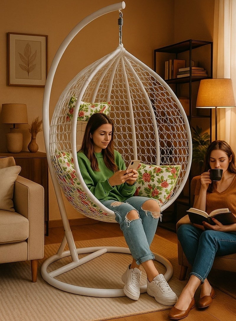 الزخارف للمفروشات كرسي الزخارف البيضاوي الأبيض المعلق مع حامل - كرسي أرجوحة داخلي للاسترخاء مع وسائد ناعمة ووسادة عشوائية مجانية - إطار معدني قوي لغرفة المعيشة والشرفة - Image 2