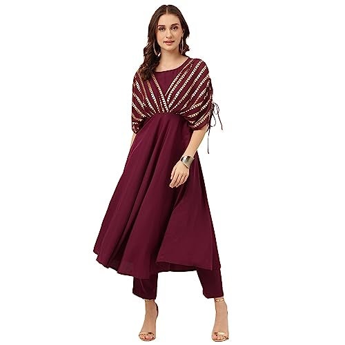FIORRA Women's Purple Poly Crepe A-line Kurta with Pant SET0088-XL - Image 5