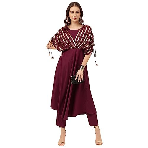 FIORRA Women's Purple Poly Crepe A-line Kurta with Pant SET0088-XL - Image 1