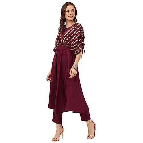 FIORRA Women's Purple Poly Crepe A-line Kurta with Pant SET0088-XL - Image 3