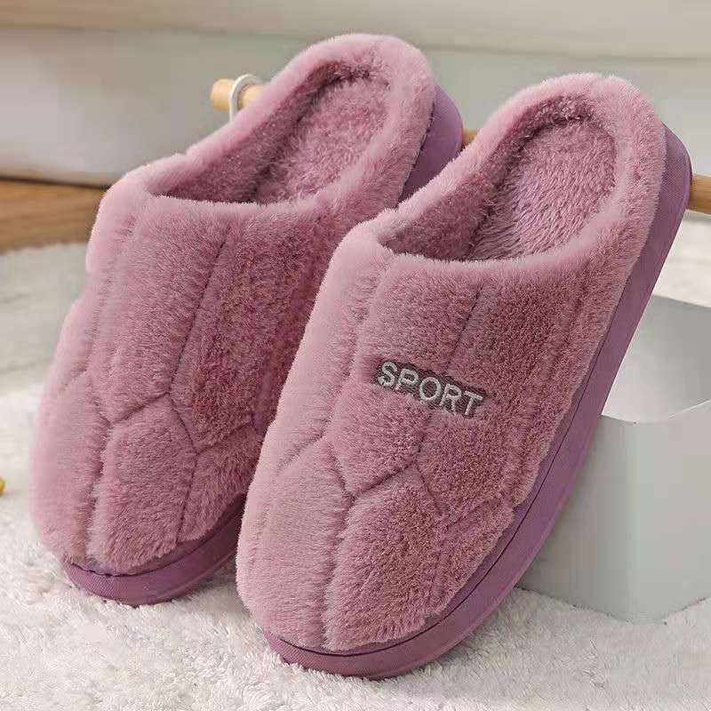 Cotton slippers womens winter home indoor home warm non-slip thick bottom couple new woolen slippers mens autumn and winter Purple - Image 1
