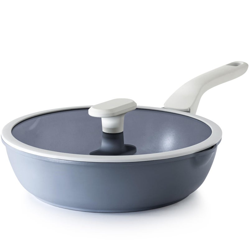 PRICUSIS Ceramic Nonstick Deep Saute Pan with Lid 10 Inch32 QT Non Toxic Pans with Double Pour Spout Helper Handle and Lid Metal Utennsil Safe Dishwasher Safe Gray