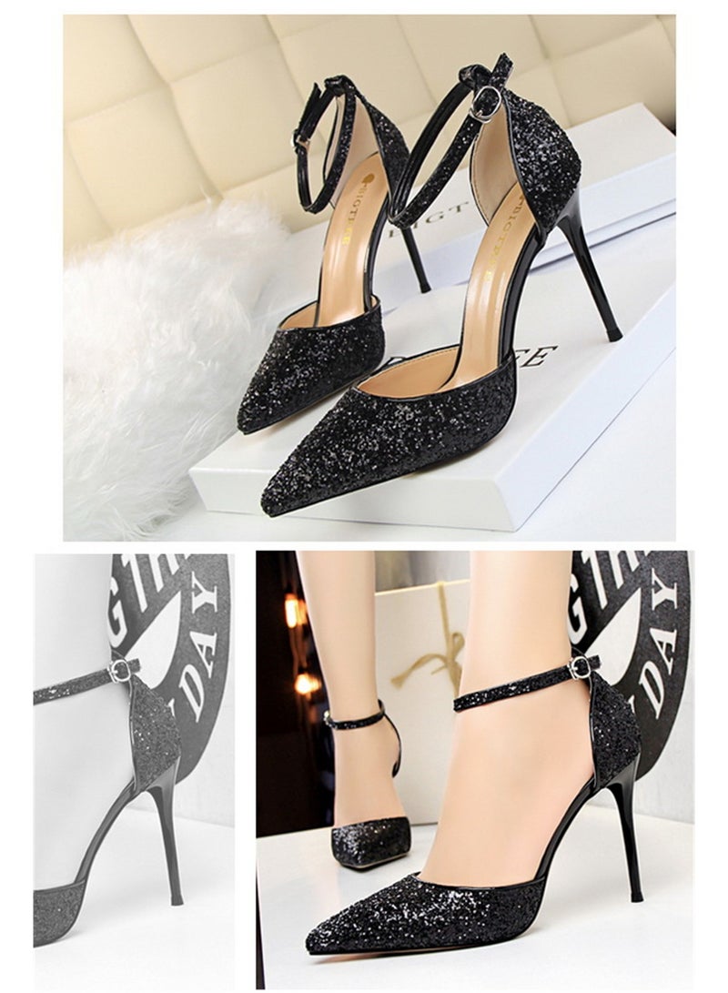 BIGTREE أحذية نسائية كعب رفيع من نوع الأوروبي بقياس 9.5 سم بفتحة ضحلة وقاعدة مدببة مزينة بالترتر وبدون جملة باللون الأسود - Image 2