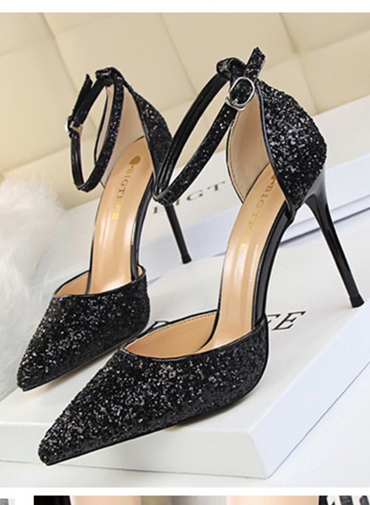 BIGTREE أحذية نسائية كعب رفيع من نوع الأوروبي بقياس 9.5 سم بفتحة ضحلة وقاعدة مدببة مزينة بالترتر وبدون جملة باللون الأسود - Image 1