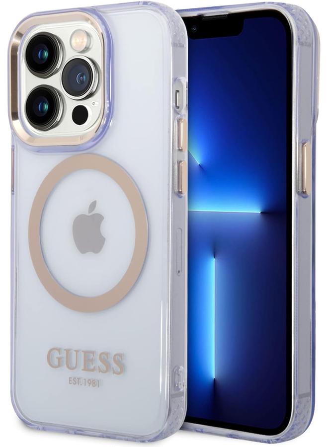 إيروريكس جراب Guess متوافق مع Magsafe بتصميم لامع باللون الذهبي الشفاف مقاوم للخدش ومقاوم للتلف لهاتف Iphone 14 Pro باللون الأرجواني - Image 1