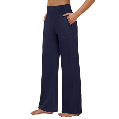 FireSwan Yoga Pants Women Wide Leg Pants High Waist Stretch Dress Loose Casual Lounge Sweatpants with Pockets Navy - Image 1