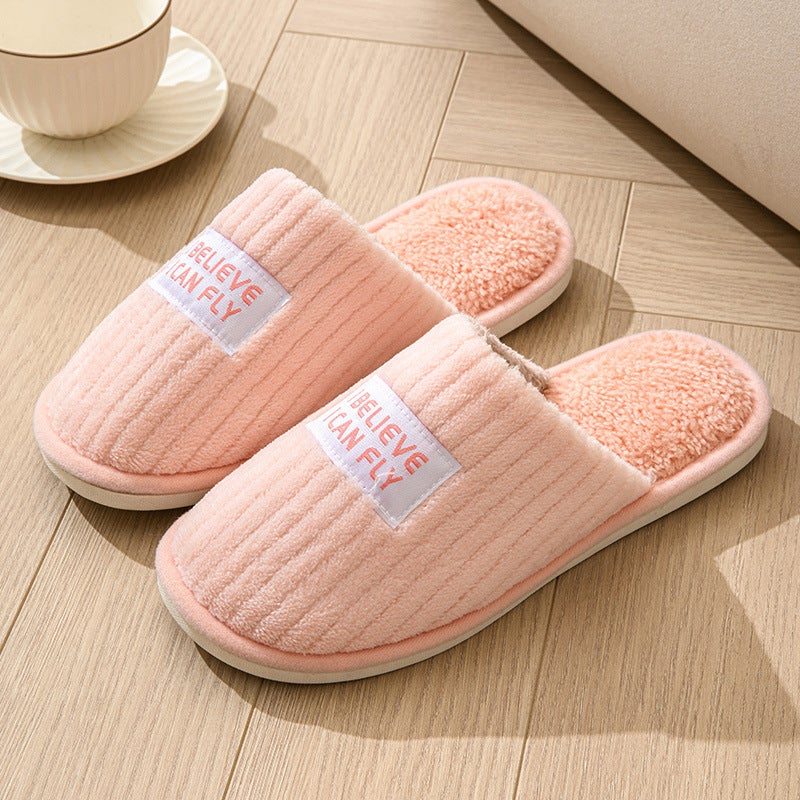 Plush Cotton Slippers Warm Non-slip Indoor Couples Home English logo pink 