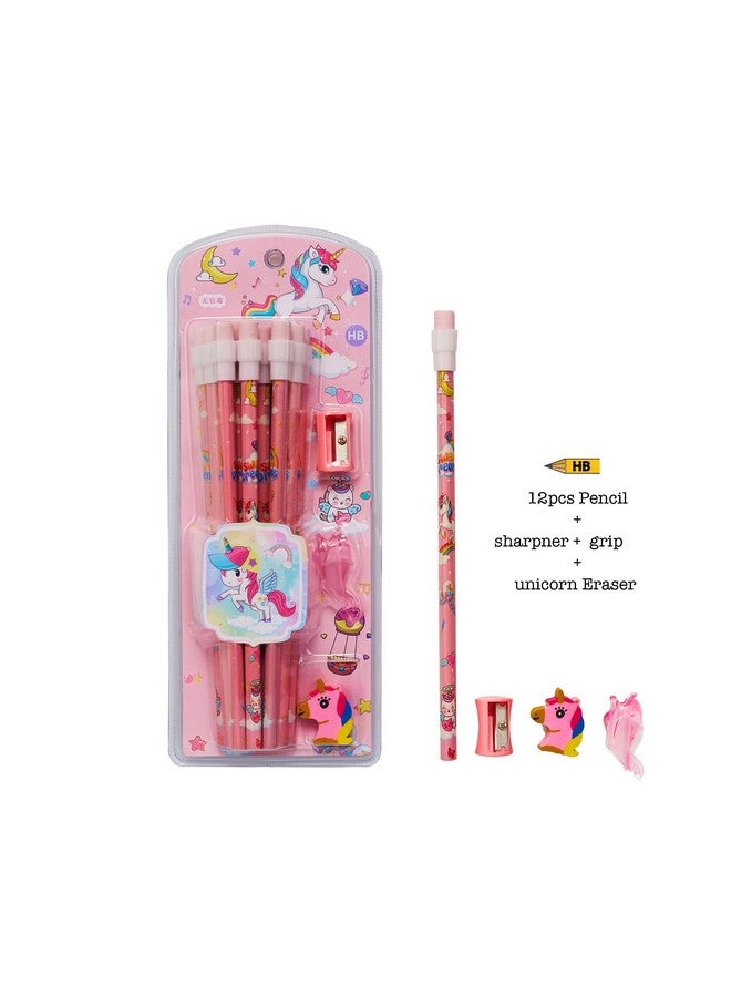 CherryBox Unicorn Pencils Stationary Kit - 12 Pencils Set with Grip Unicorn Eraser and Sharpner for Kids, Boys and Girls, Birthday Return Gift Stationary Set (Pink) - Image 2